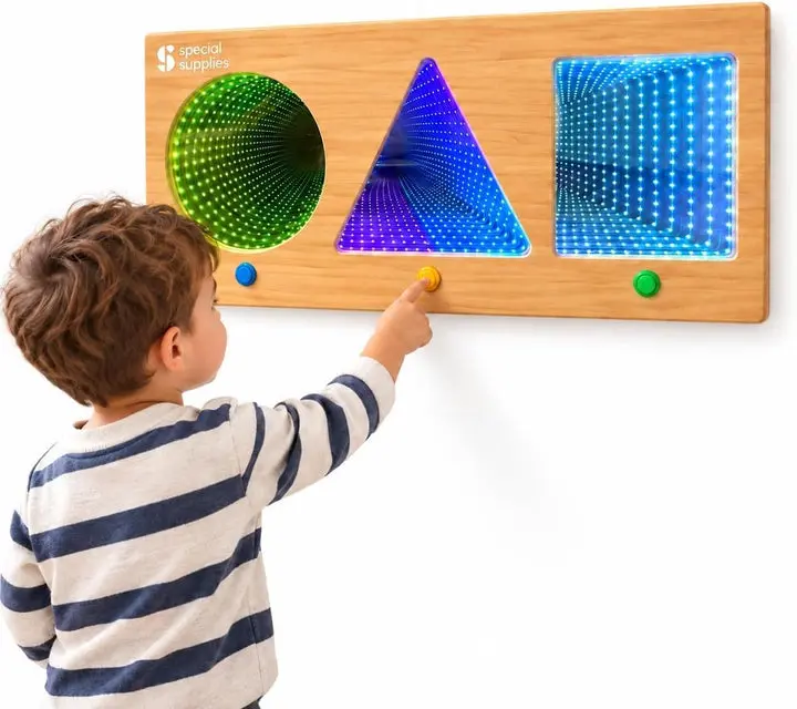 Special Supplies Geometric LED Infinity Mirror Sensory Wall Panel 3 Illuminated Infinity Shapes, Interactive Push-Button LED Controls, Deep Tunnel Light Effect, Sensory Visual Stimulation