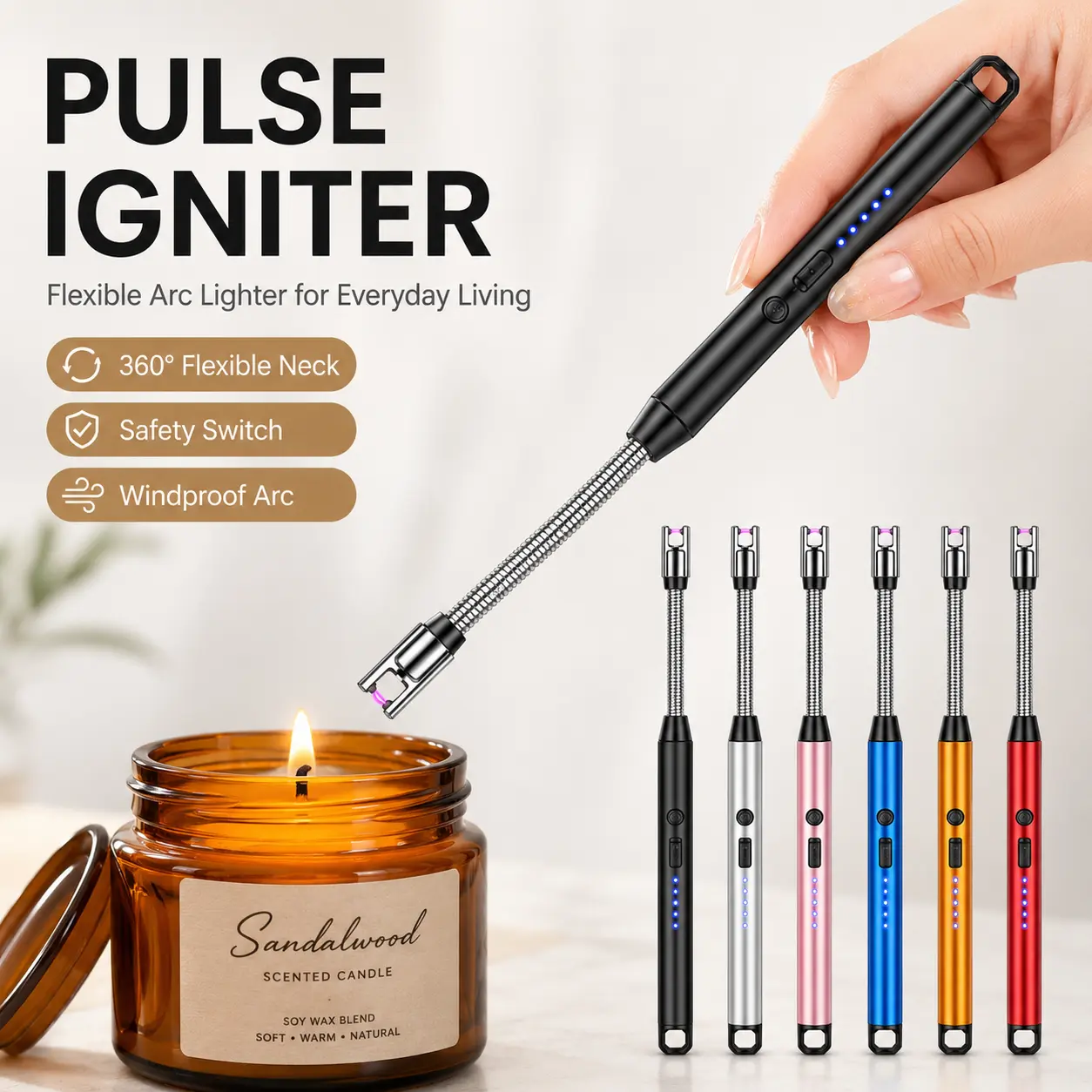 Pack of 6，Electric candle lighter, a Valentine's Day gift, suitable for women, mothers, and wives. USB curved rechargeable windproof long lighter, suitable for candles, barbecues, birthdays, and housewarming gifts. camping supplies