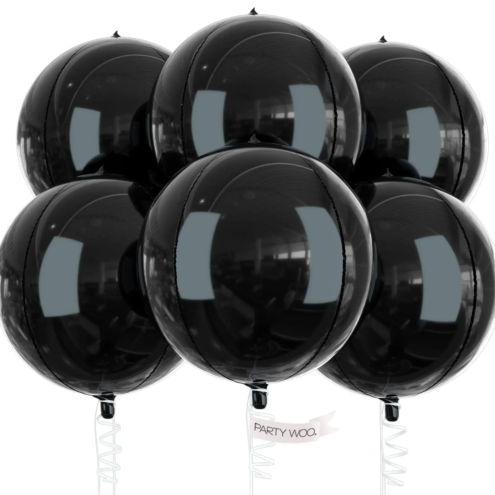 PartyWoo 6pcs 22-Inch Black Durable Mylar Jumbo Round Foil Balloons, 4D Mirror Inflatable Decor for Halloween Decorations, Birthday Party Wow Factor, Festive Events