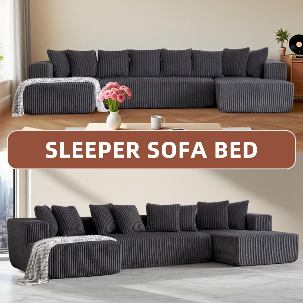 【3 Packages shipping】132" Oversized U-Shaped Cloud Sectional Sofa, Includes Chaise Lounge + Recliner + 6 Pillows, Plush Corduroy Fabric, Boneless Comfort Style, Stylish Furniture for Living Room/Bedroom Modular