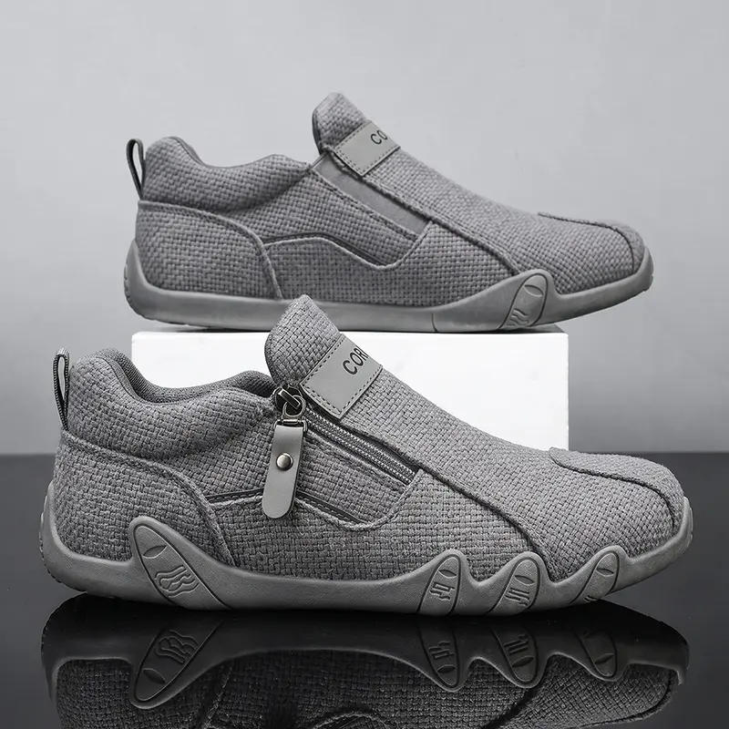 Men's Breathable Linen Canvas Slip-On Sneakers - Side Zipper, 5-Toe, Non-Slip Soft Rubber Sole, Beige-Gray 2-Tone Lightweight Trainer for Walking, Driving, Office Use, Sneaker