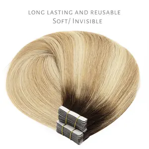 New 2025 Arrivals Real Human Hair Tape-In Extensions 18"-22" Straight Light Brown ( # 2T18P60Y) - Invisible Hand-Tied PU Light Beige Weft Hair Extensions for Women, Natural Look & Easy Application, Tape In Hair Extensions, Versatile Styling Options, Si