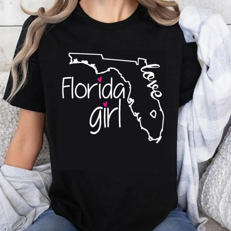 Women's 100% Cotton Florida Girl State Outline Graphic T-Shirt, Love Florida Casual Tee, Women's Florida Pride Black Cotton T-Shirt, Florida Lover Gift Top