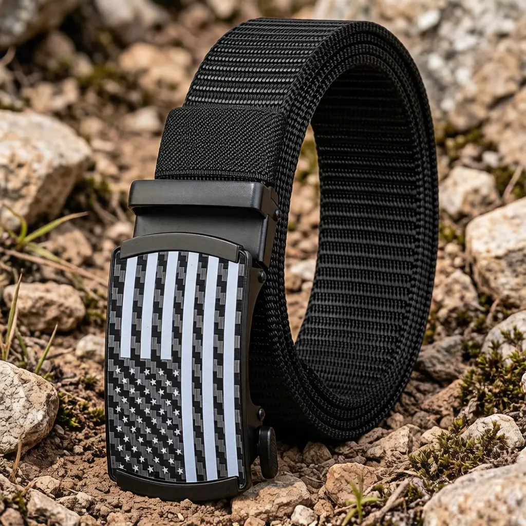 Male Nylon Braid Ratchet Work Belt, Heavy-Duty, Automatic Buckle, Adjustable Fit, Auto-Sliding Closure, American Flag Design, Cut-to-Length for Casual & Outdoor Work Use
