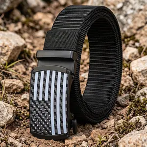 Men's Nylon Ratchet Belt—Adjustable casual, athletic, business, and outdoor work belt with a sliding buckle and American flag design—Can be cut to the desired length