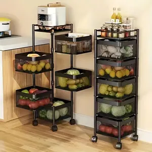 Multi-Layer Rotating Storage Rack 5-Tier Carbon Steel Kitchen Vegetable & Fruit Organizer with Wheels for Living Room & Bedroom Clear Plastic Drawers Polished Surface