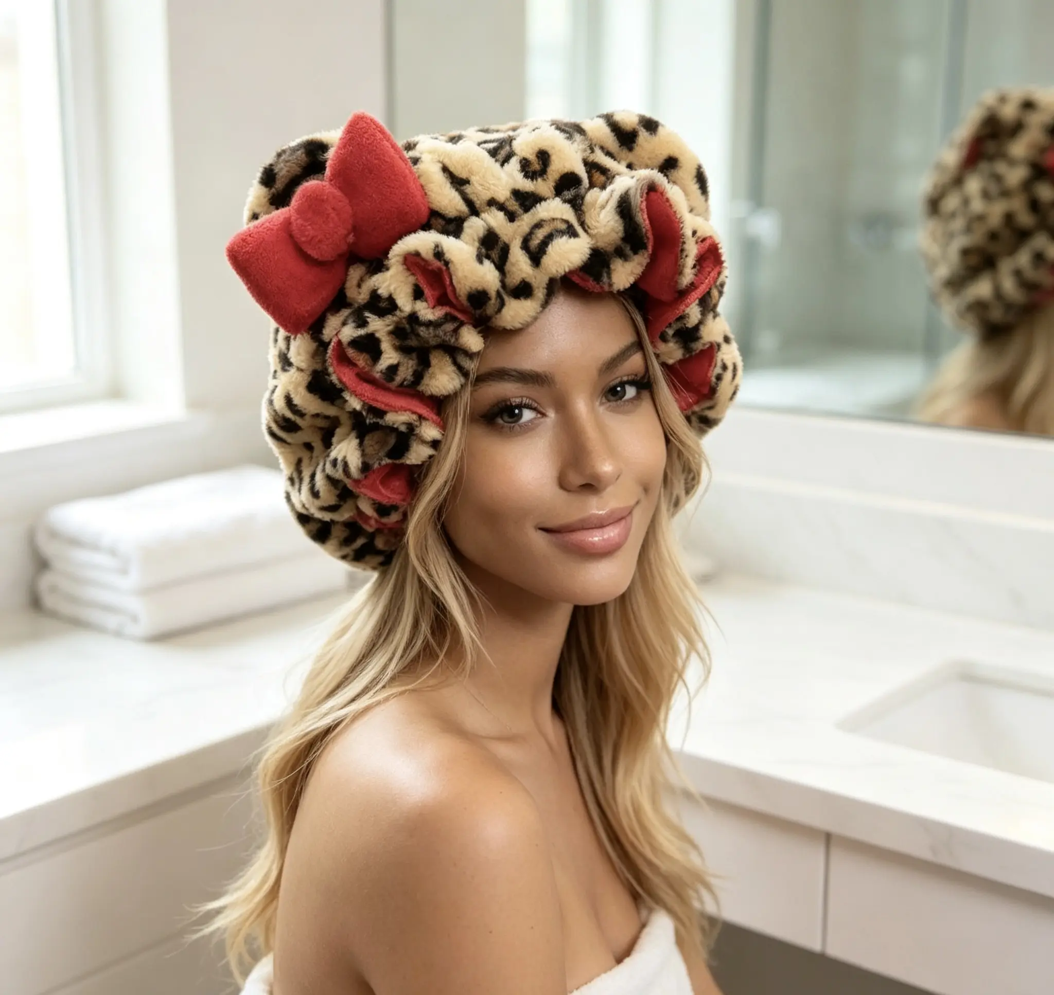 Teddy Hair Bonnet for Women Protective Hooded Sleep Cap Burgundy Leopard Print Quick Dry Hair Hat for Adults Single Pack