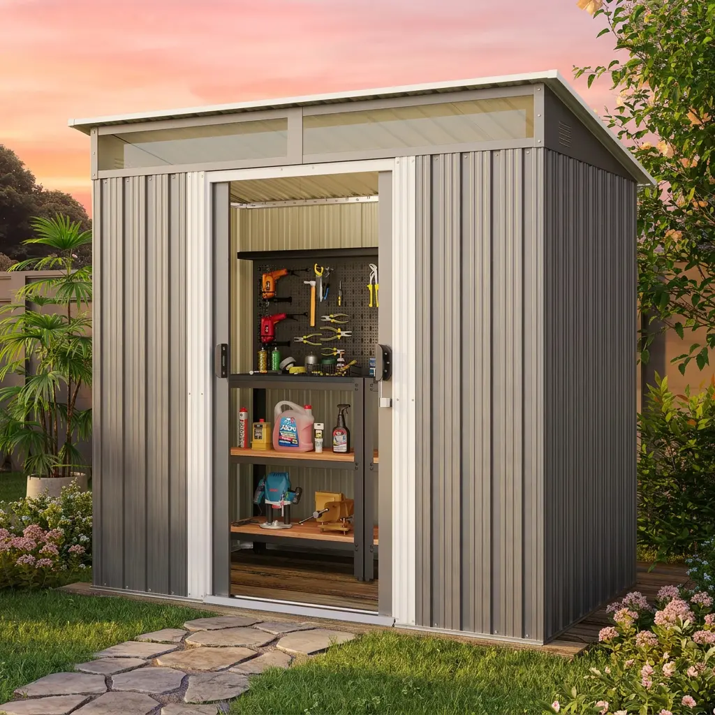Gizoon 6'x4' Outdoor Storage Shed Metal Garden Shed with Sliding Lockable Doors, Versatile Tool Bike Shed with Transparent Panel Windows, Outdoor Storage Clearance for Backyard, Patio, Dark Gray