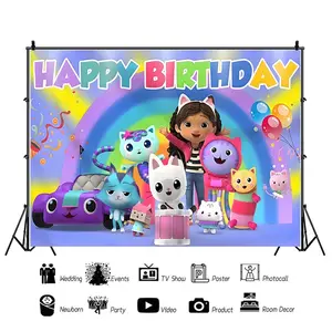 Cartoon Anime Gabby Dollhouse Happy Birthday Banner Backdrop Party Photography Background Poster Wall Art Outdoor Home Decor Party Supplies