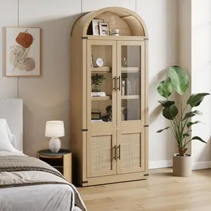 Garvee 72'' Tall Arched Bookcase with Wooden Doors and Glass Door, 4 Tier Display Bookshelf Storage Cabinet,  Anti-Tipping Device, Display Organizer for Living Room or Bedroom