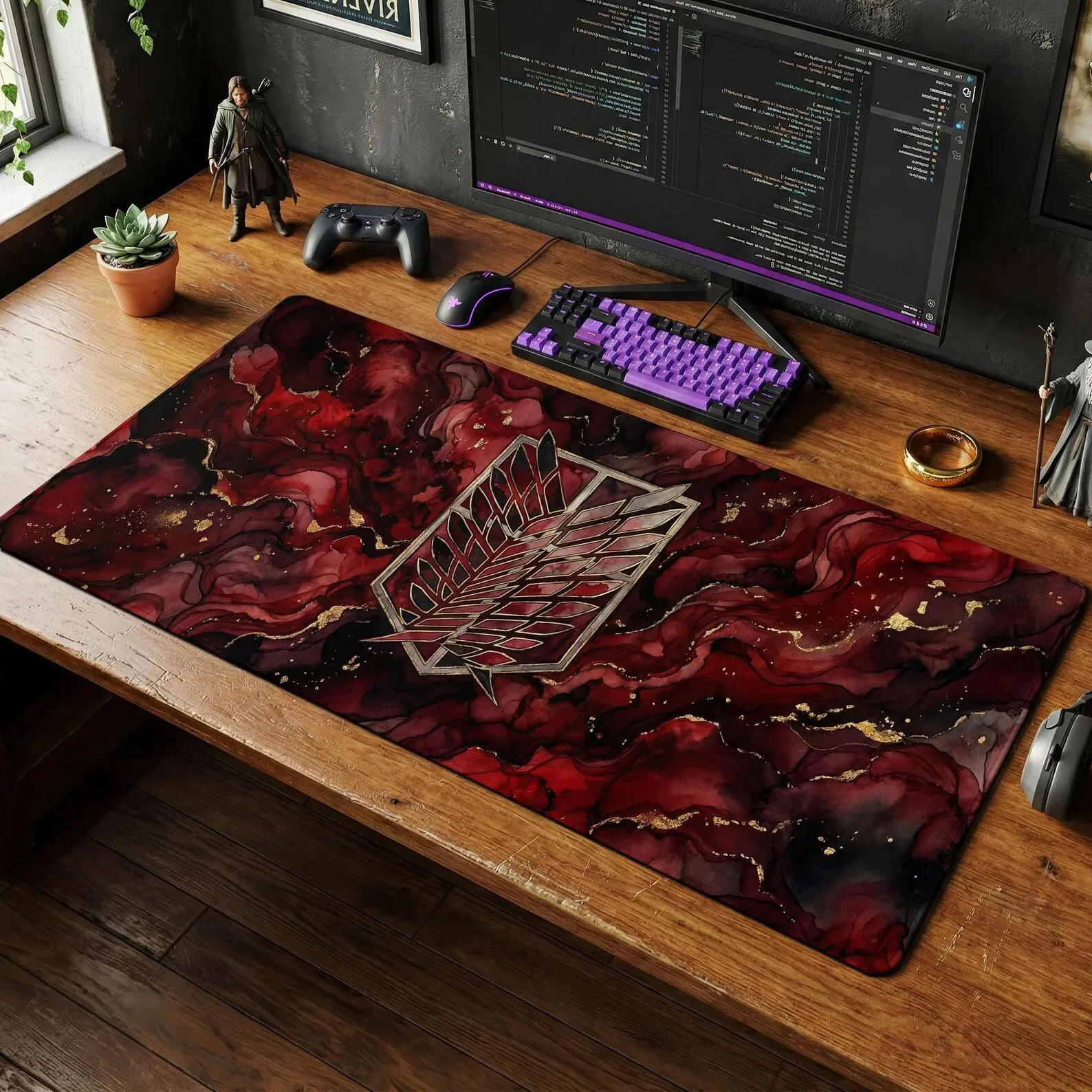 Attack on Titan Wings of Freedom Desk Mat, Red Gold Abstract Anime Gaming Pad