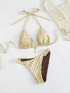 Summer Plus Size Two-Piece Set, Polka Dot Print, Reversible Sweet Cute Girl Holiday Halter Bikini Swimsuit, Women's Bathing Suit, Polka Dot Swimwear