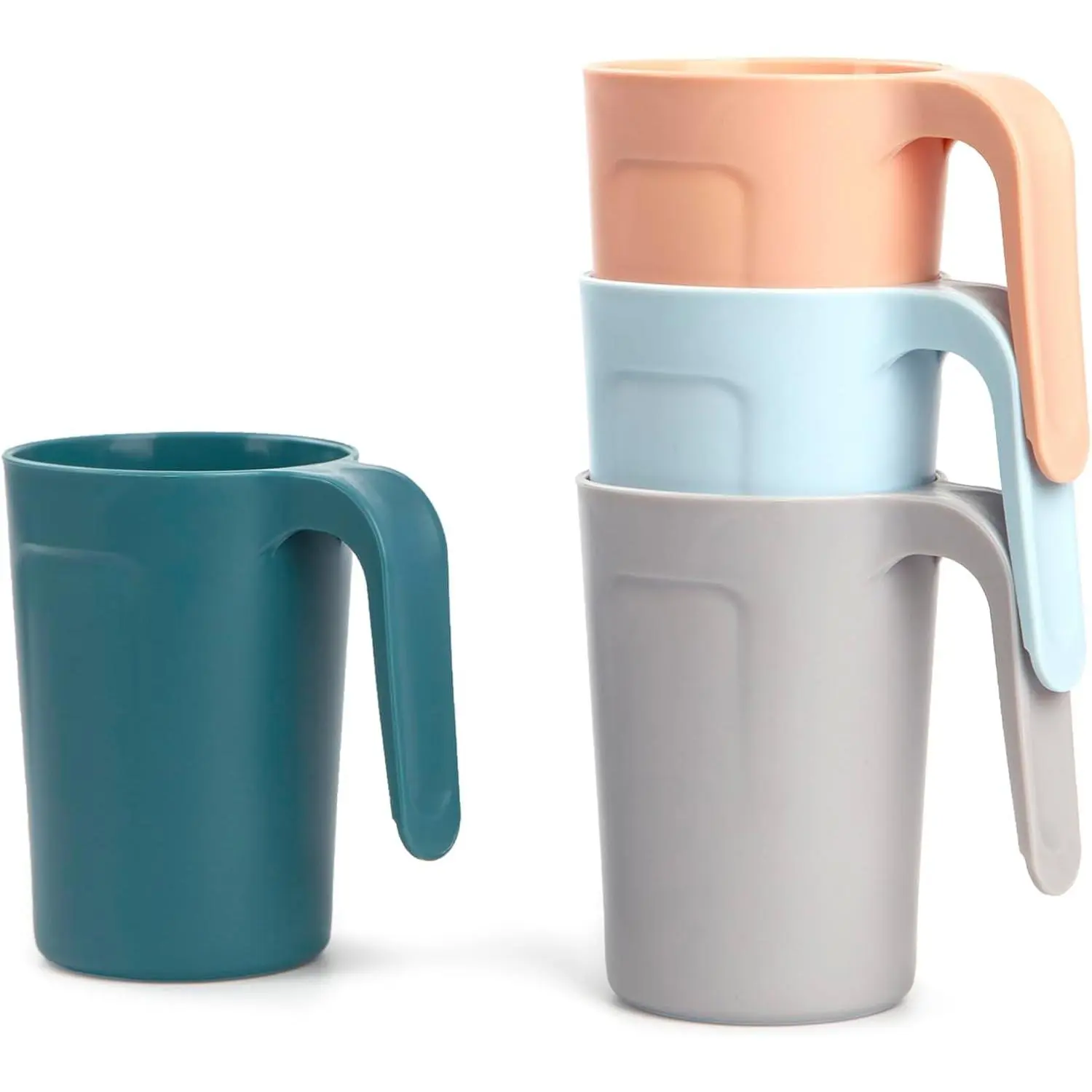 12 oz Reusable Plastic Drinkware Sets (4-Piece), Unbreakable Plastic Coffee Mugs with Handles, Dishwasher-Microwave Safe, BPA-Free, Eco-Friendly Kitchen Drinking Cups