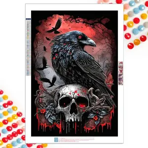 Crow & Skull Pattern DIY Diamond Arts Colorful Painting Kit without Frame, DIY 5D Diamond Arts Colorful Painting Kit, Wall Art Decor for Home Living Room Bedroom, Halloween, Diamond Painting Kits, Diy Craft Supplies