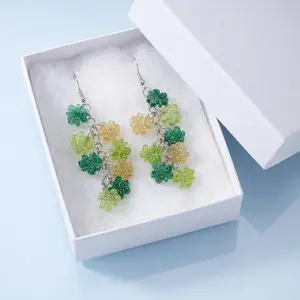 St Patrick's Day Earrings for Women & Teenagers Dangle Statement Earrings with Multiple Small Clover Charms in Lime Emerald Forest Green Gold & Silver Accents