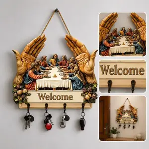 Welcome Key Holder for Wall with Hooks, Rustic Wooden Key Rack Organizer, Farmhouse Entryway Decor with Bird Design, Mail & Key Storage Hanger for Home