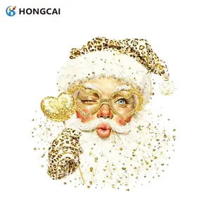 Santa Leopard Print Hat and Gloves Gold Heart Glasses and Lollipop Heat Transfer Vinyl Sticker, DIY Clothing Accessories Decorative Patch
