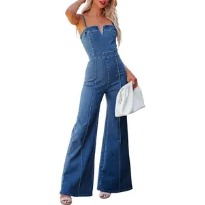 Women's Casual Denim Jumpsuit Sleeveless Adjustable Strap Stretchy Flare Jeans Long Pants Rompers