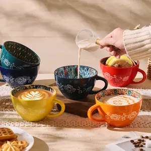 Ceramic Coffee Mug set, 6 Piece Boho Style Yogurt Cup, Drinkware for Home Office use, Dishwasher & Microwave Safe, Christmas Gift Set