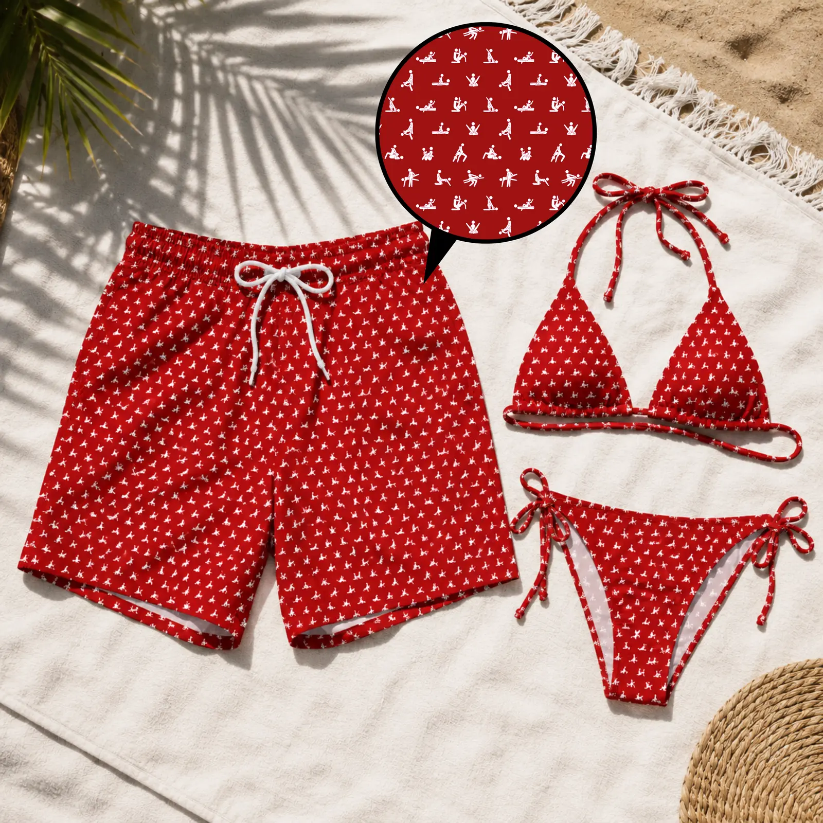 Stick Figure S-e-x Ed Funny Matching Couple Swimwear Set, Red Hawaiian Shorts and String Bikini, Humor Beach Outfit, His and Hers Vacation Swimsuit, Honeymoon Gift