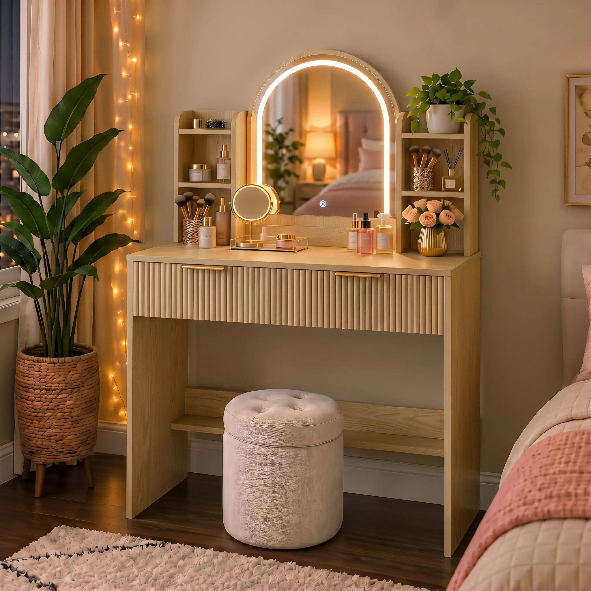 Traditional Makeup Vanity Desk with HD Lighted Mirror, Sturdy Stable Room Furniture & Decor, Charging Station, Drawers, Storage Shelves, Large Glass Top, Beauty Organization, Apartment Stuff (Natural/White/Black, Assembly Required)