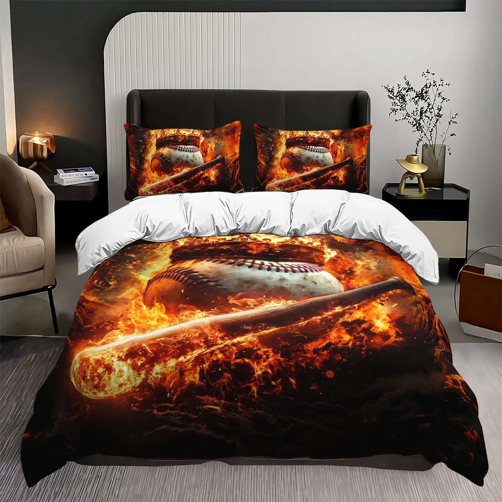 3pcs Blazing Baseball Bedding Set, Duvet Cover + 2 Pillowcases, No Inserts, Polyester, Perfect for Sports Fan Bedrooms & Gaming Room Decor