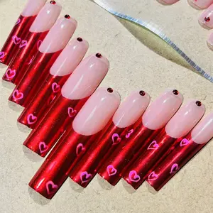 10Pcs Acrylic Handmade French Chrome Red Heart XL Long Nails Press Ons Valentine Y2K Cute Gift For Women Girls Nail Supplies