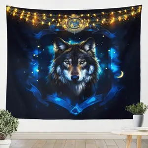Wolf Tapestry,Medium 59W"x59L" Animal Wolves Wall Blanket,Mountain Moon Wolf Wall Hanging,Blue Wall Art,Room Decor Tapestries Lightweight Multicolor