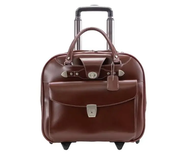 Men's Denali Leather Wheeled Business Briefcase, 15.75 in. L Series, Red, Expandable, Multi-Compartment, Quick Access Front Pocket, Turn-Lock