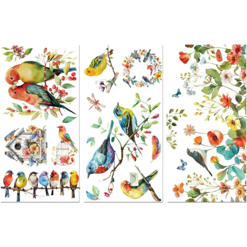 Rub on Transfer Decals for Furniture Crafts Birds and Flowers 6"x12", 3Pcs Waterproof UV DTF Transfer Decals Sticker for Dresser Lingerie Chests Drawer Glass Porcelain  Plastic