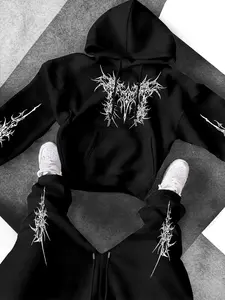 Men's Trendy Dark Spike Pattern Hoodie Set with Sports Pants, Casual Long Sleeve Hooded Set, Fall & Winter Street Style 2 Piece, Sweatsuit Matching Set, Sporty Set, Athletic Tracksuit