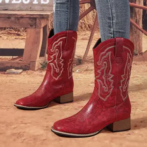 1pr Women'S Fashion Western Boots - Solid Red Square Toe Block Heel Mid-Calf Boots with Classic Embroidery,-On Closure, Man-Made Upper, Lining, TPU Sole, Insole - All-Season Casual Western Style