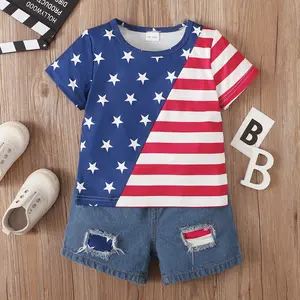 4th of july indepandence day outfit For 18M-6Y Kids Stars and Stripes Short Sleeve Tops Ripped Denim Short 2Pcs 122202020 Toddler Boy