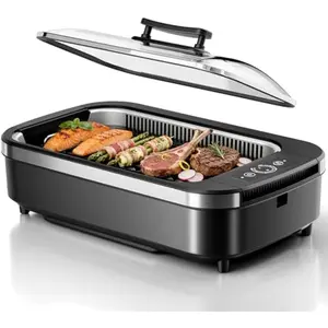 Kismile Smokeless Indoor Grill, 1500W Electric Indoor Grill for Korean BBQ with 6-Level Temp Control, Removable Glass Lid, Non-Stick Grill Plate, Turbo Smoke Extractor, Auto Shut Off & Dishwasher Safe