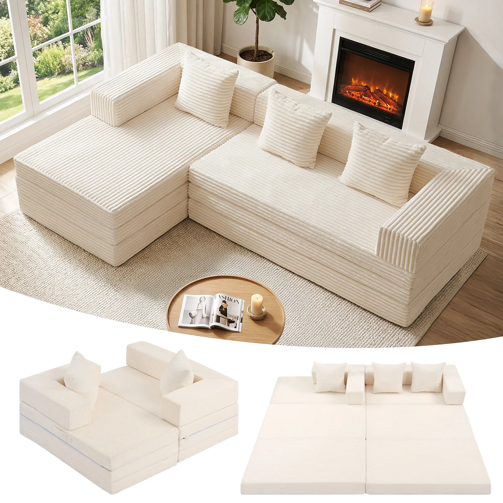 WINZOOM Modular Sectional Sofa, Boneless Convertible Oversized Sleeper Sofa Bed, Modern Tri-Folding Cloud Couch with L-Shape Chaise, Corduroy Futon for Small Living Rooms & Apartments, No Assembly Required