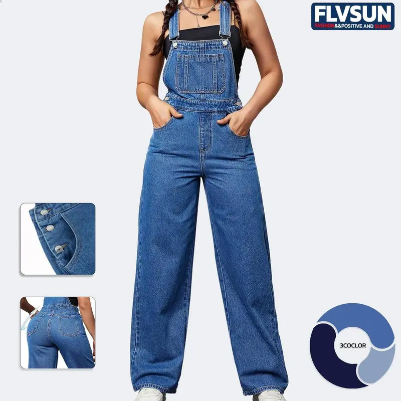 Flvsun Women's Breathable Polyester Overalls - Armless, Buckle Straps, Adjustable Wide-Leg, Baggy Design, Trendy Casual Daily Wear, Breathable Denim Overalls Alternative, Women's Clothing