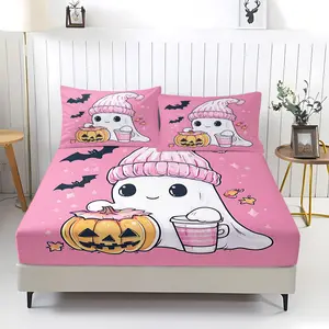 3Pcs Cute Cartoon Ghost Pattern Fitted Sheet Set, Whimsical Themed Bedding Set, Soft Pink Digital Print Bed Cover, Cozy & Comfy Microfiber Bedspreads for Enchanting Bedroom Decor, Includes 2 Pillowcases, No Pillow Core