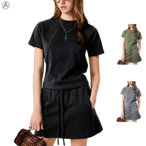 Arssm Women’s Y2K Two-Piece Skirt Set – Short Sleeve Summer 2-Piece Outfit, Washed Crop Top & Mini Skirt for Casual, Workout & Streetwear