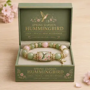 Spring Garden Hummingbird Beaded Bracelet with Box, Rose Quartz & Jade Stone Bracelet with Hummingbird Charm, Inspirational Gift for Women