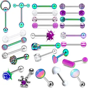 26 count 14G Tongue Rings Stainless Steel Tongue  Barbells Long  Glow in Dark  Rose Skull Zircon Tounge Bar for Women Men