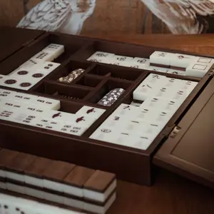 Luxury Mahjong Set Complete 144 Tiles, Carved Wood Storage Box Hand Painted Chinese Game Set