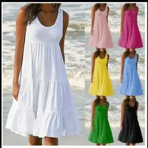 2025    Women'S Clothing Colors Sizes Sleeveless Round Neck Patchwork Large Hem Beach Dress Casual Womenswear Summer Outfits Sundress Milkmaid Dresses Waisttrainers Basic Minimalist White