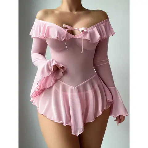 ZGQNBelle Women's Plus Size Elegant 1-Piece Lace Babydoll Lingerie Set with Thong - Off-Shoulder Sheer Ruffle Bell Sleeves, Soft Fabric, Flattering Fit, Stylish Nightwear for Christmas Party, Curvy Women's Flowy Outfit