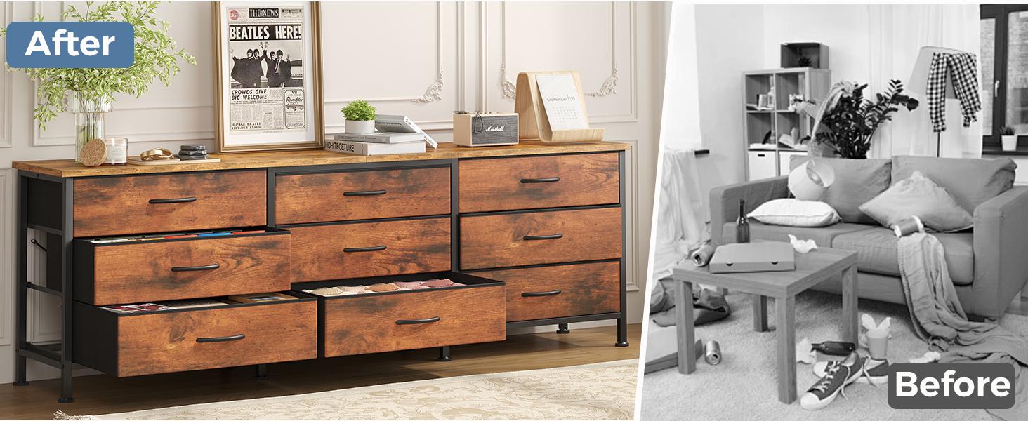 9 Drawer TV Stand Dresser， With Fabric Storage Bins, Holds Up To 70 Inch TV And 63 Inch Wide Wood Top, Sturdy Metal Frame With Anti Tip Safety, Ideal For Living Room Bedroom And Closet Organization