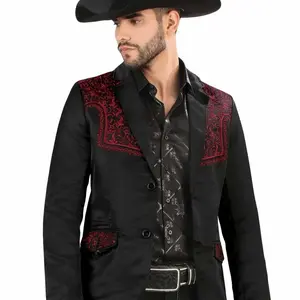 Lamasini Western Blazer Bold Elegance with Modern Edge Black Red Embroidery Stylish Men's Jacket High-Quality Fabric Double-Button Closure