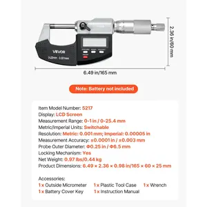 VEVOR Micrometer Set, Digital Outside Micrometer 0-1 inch Measuring Range, 0.00005 Resolution, Ultra-Precision 0.0001 Accuracy, LCD Screen, in/mm Switch, Carbide Tip, with Protective Case