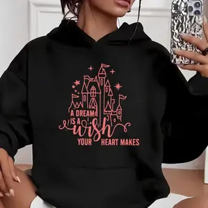 Women's and Adult Black Hoodie with Pink Castle and Cinderella-Inspired Print - Soft, lightweight polyester pullover featuring hearts, stars, and the quote "Dreams are wishes," perfect for casual wear.