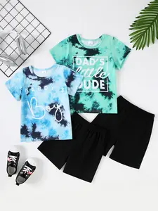 Summer Boys' Casual Tie-Dye Dad's Boy Letter Print Round Neck Short Sleeve T-Shirt + Simple Solid Color Shorts Clothing Set Four-Piece Set Outfit
