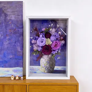 Purple Preserved Rose Shadow Box Frame with 100% Real Flowers, Elegant Aesthetic Home Decor for Bedroom, Living Room & Desk, Romantic Gift Idea