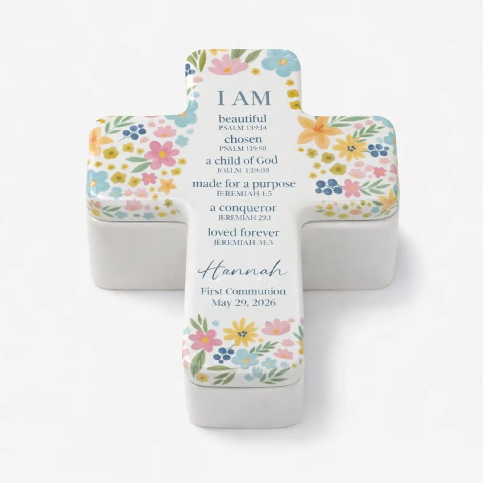 Personalized Baptism Cross Keepsake Box, Custom Name Ceramic Religious Gift, First Communion Christening Memory Box Floral Design